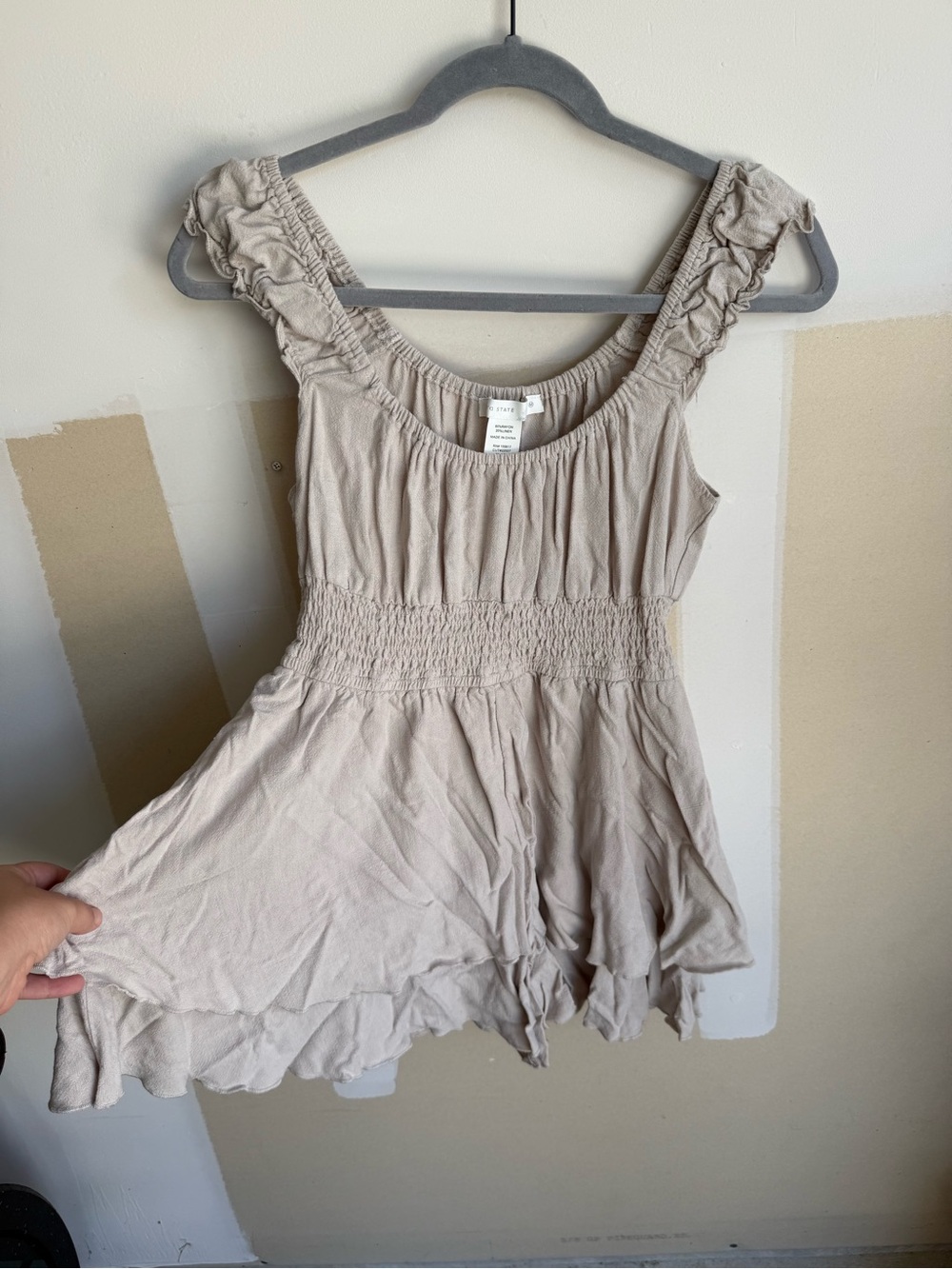 Beige Smocked Waist Ruffled Strap Romper